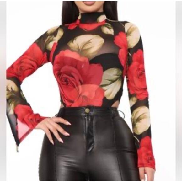 Fashion Nova Tops - Fashion Nova body suit XS snap crotch red black floral flare sleeves thong mesh